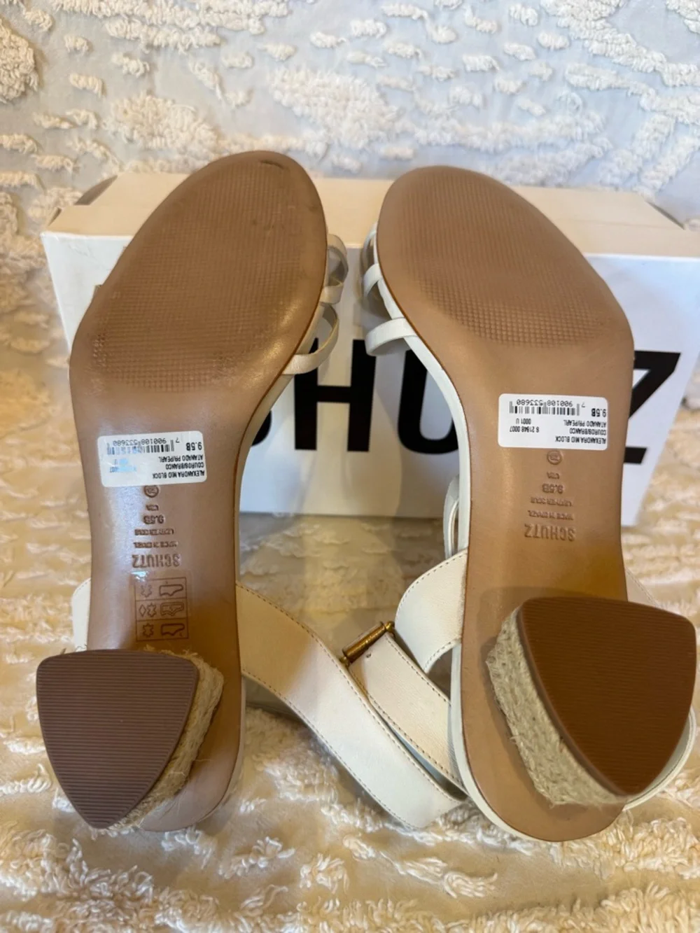 SCHUTZ Cream Strappy Ankle‑Wrap Sandals with Gold Buckle#610